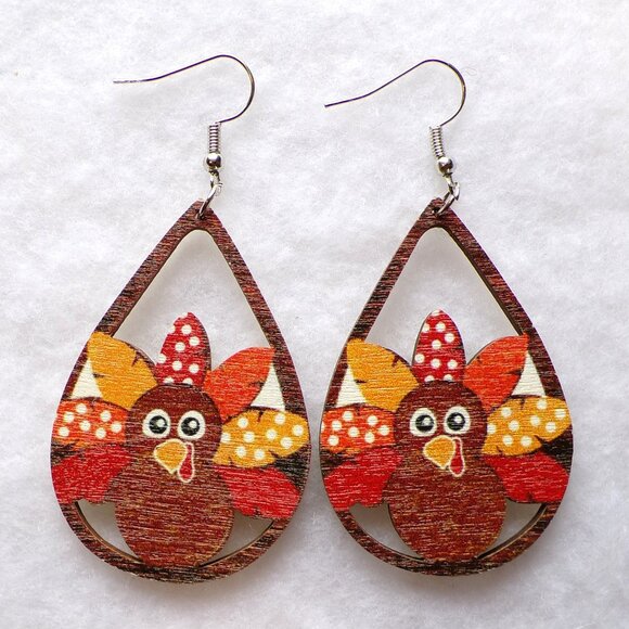 unbranded Jewelry - Thanksgiving Turkey Earrings Wood Dangle Teardrop